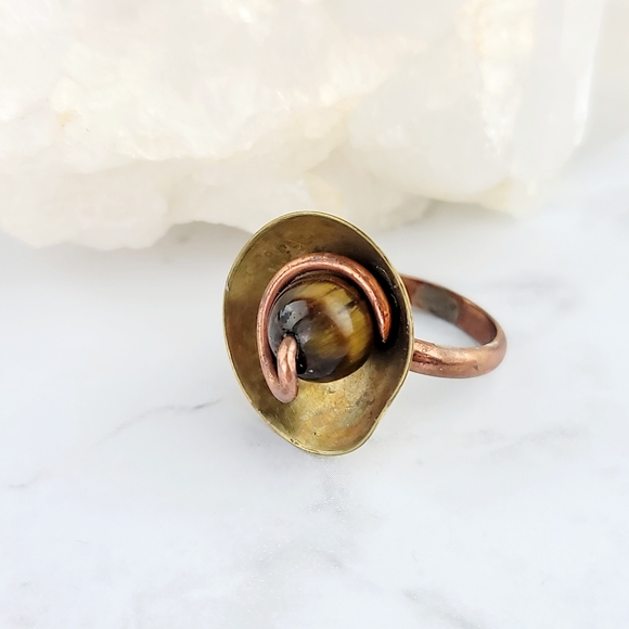 Tiger Eye Ring Jewelry Size 5 Yellow Gold Brass Copper Metal Artisan Handmade - Picture 11 of 12
